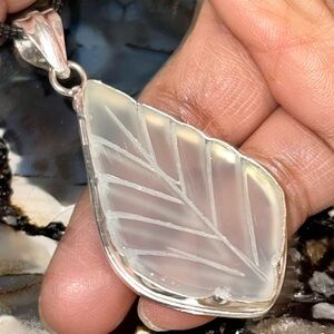 Carved Chalcedony Leaf Pendant 2 1/4”